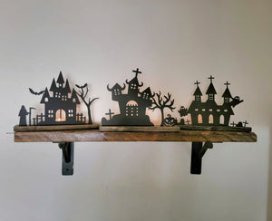 Halloween Village Scene - 12"w - Tea Light Holder