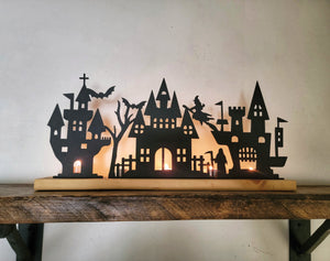 Halloween Village Scene - 12"w - Tea Light Holder