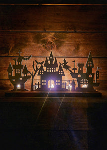 Halloween Village Scene - 12"w - Tea Light Holder