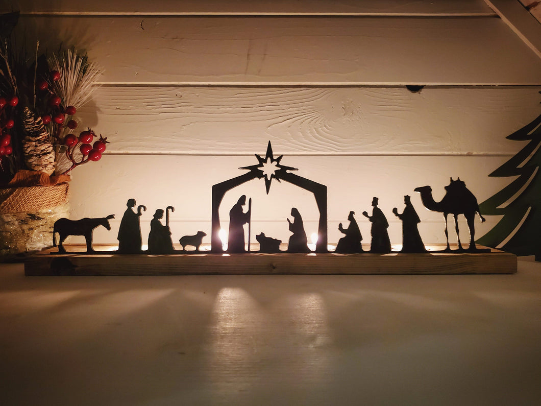 Nativity Scene Wood and Metal Tea Light Holder