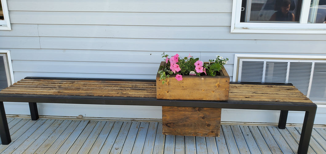 Metal and Wood Bench with Flower Pot