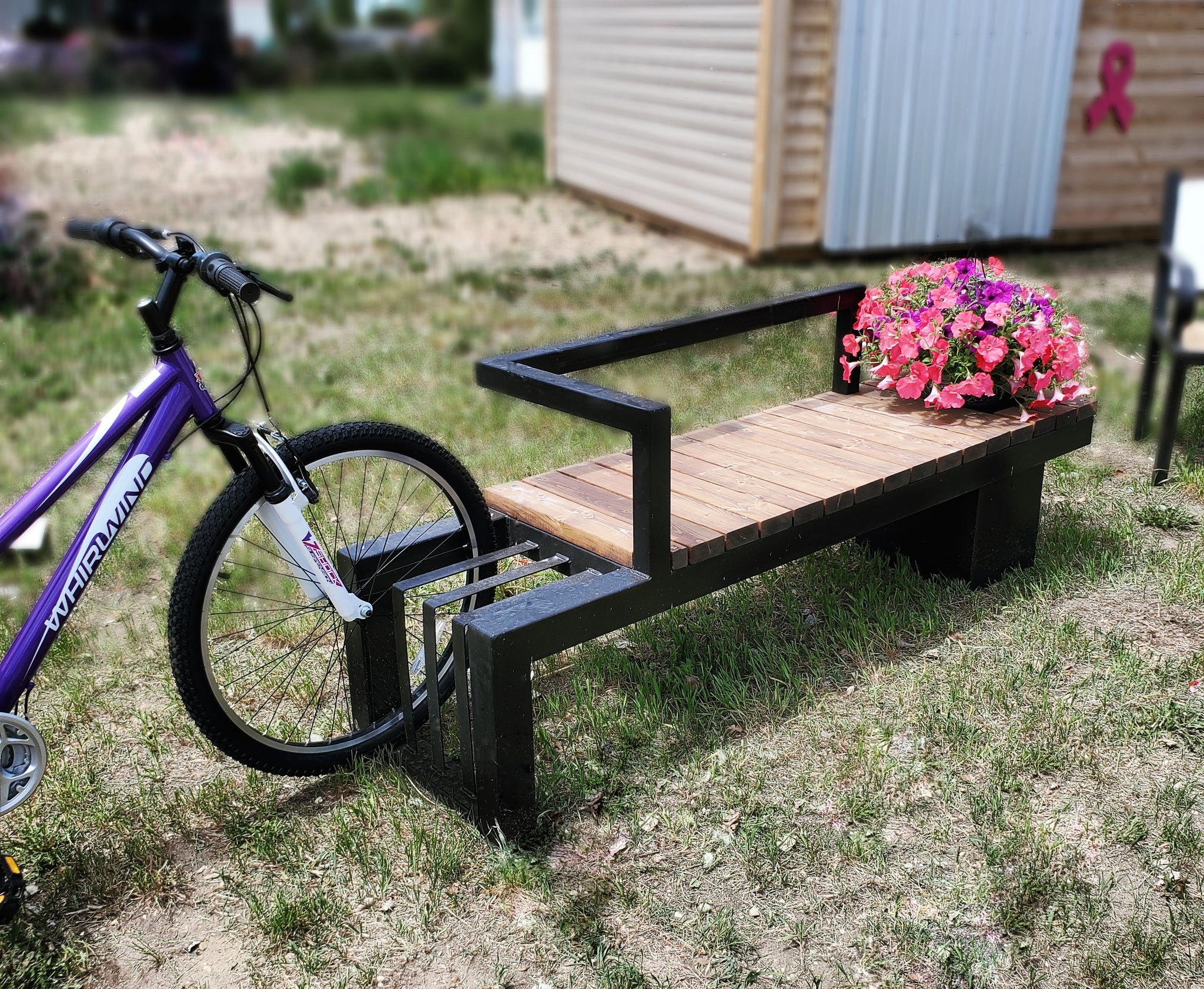 planter bike rack Metal Bench with Flower Pot and Bike Stand – Wood River Iron Works