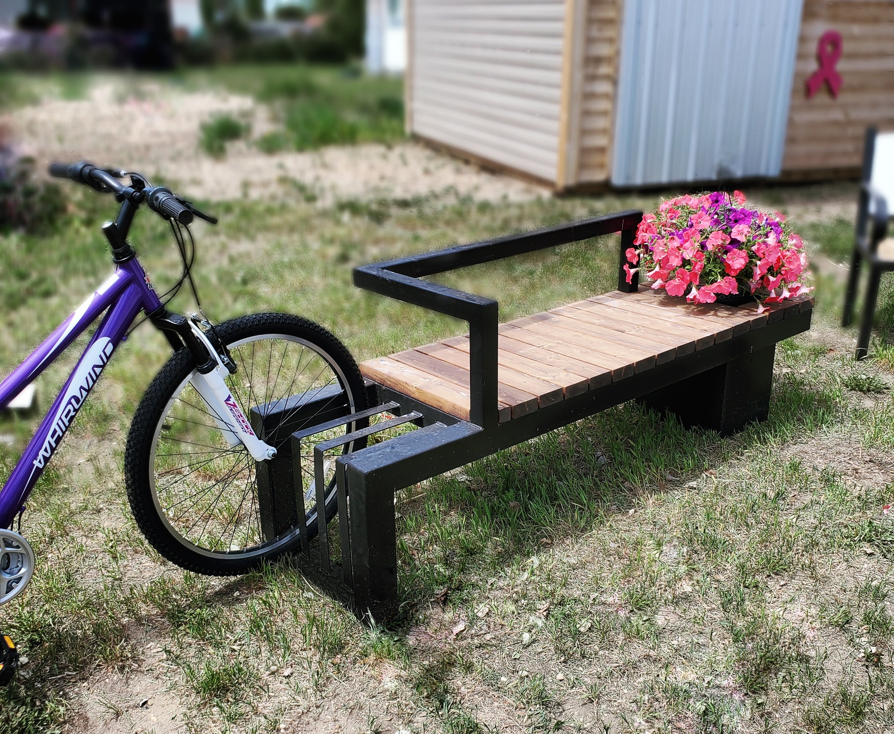 Metal Bench with Flower Pot and Bike Stand Wood River Iron Works
