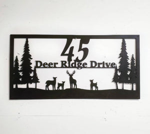 Custom Family Sign, Deer and Pine Trees