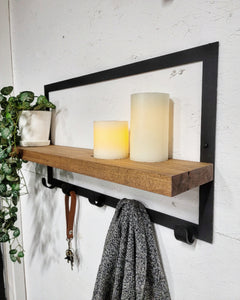 Metal Framed Floating Shelf with 5 Hooks