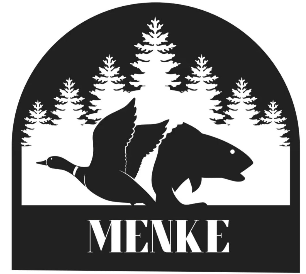Custom Family Sign - Pine trees, Mallards, Oval Metal Sign